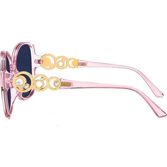 Womens Pink Fashion Sunglasses Square Frame With Pearl Sparkling Eyes Protection - Picture 7 of 14